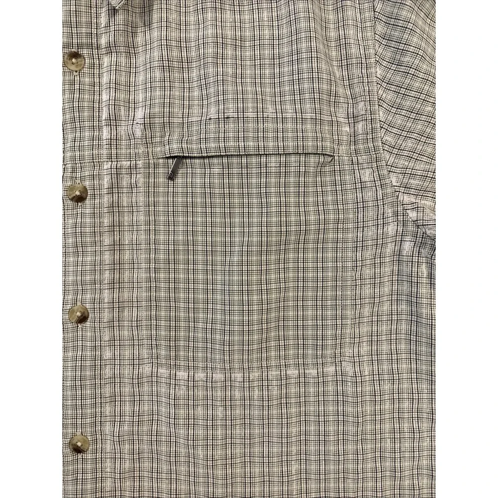 North Face Men's Med Short Sleeve Hiking Outdoor Shirt Green Plaid Poly Blend